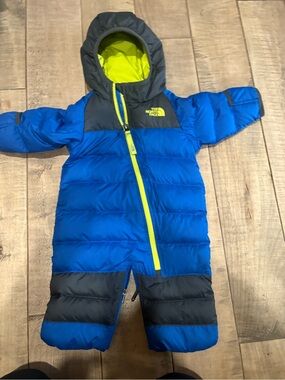 The North Face Blue and Gray Kids Puffer Snowsuit with Neon Yellow Trim